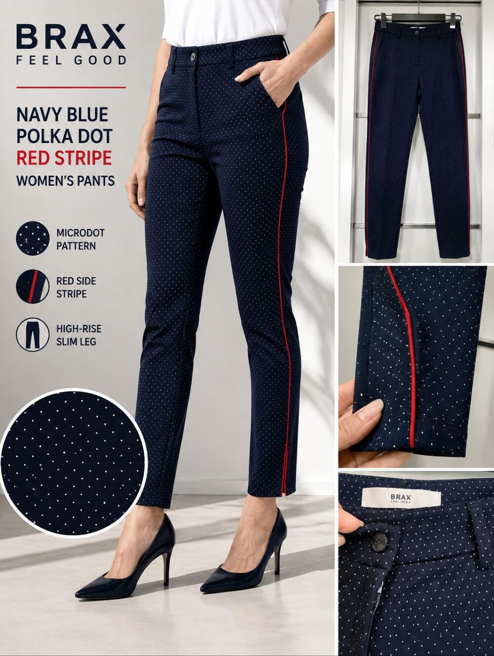 BRAX Navy Blue Polka Dot Red Stripe Women's Pants